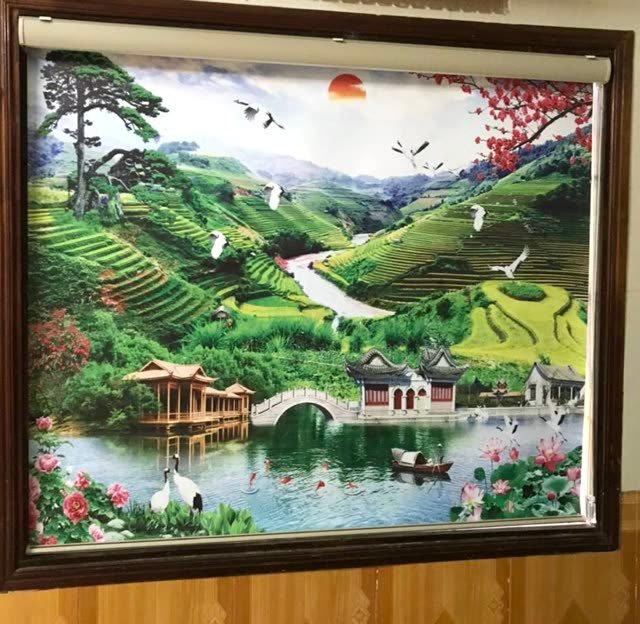 Rèm cuốn in tranh ruộng bậc thang, khung gỗ